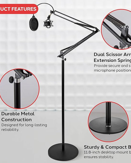 Pyle Microphone Boom Suspension Stand - Scissor Arm Mic Mount w/Shock Mount, Integrated Pop Filter, 3.1' ft. Max Extension, Suitable for Podcast Recording, Broadcasting, Streaming, Stage & Studio Use