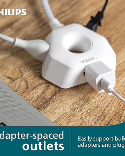 Philips EZGrip Indoor Extension Cord with Multiple Outlets, 3 Prong Grounded Cord, Short Extension Cord, Ergonomic Design, 16AWG, 4ft Braided Cord, ETL Listed, White, SPS3574W/37