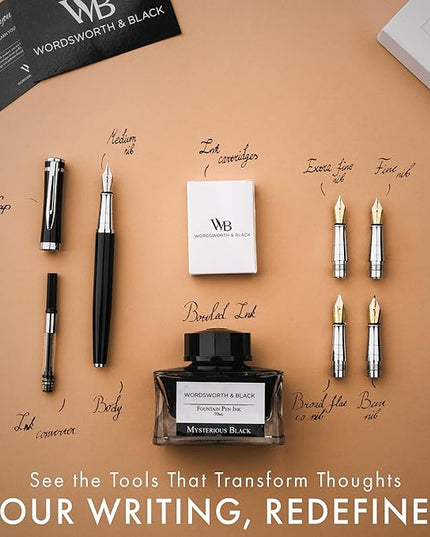 Wordsworth & Black Fountain Pen Gift Set, Includes Ink Bottle, 6 Ink Cartridges & A Refill Converter, 4 Replacement Nibs, Premium Package, Journaling, Calligraphy, Smooth Writing Pens [Black Chrome]