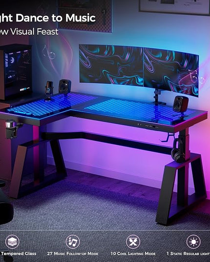 EUREKA ERGONOMIC Standing Desk, Gaming Table,Glass RGB, Height Adjustable Computer desks 60 Inch L Shaped Corner Music Studio Desk Workstation w Type-C Port,Cup Headset Holder,APP Control,Left