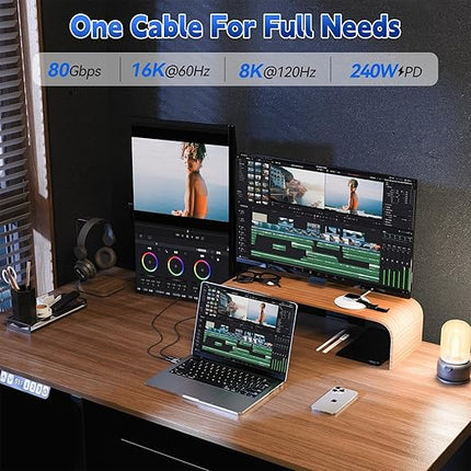 USB 80Gbps Data Cable 3.3ft, Bandwidth for 16K/Dual 8K, 240W/5A Fast Charging, Braided USB C Video Cable Compatible Thunderbolt 4/5, SSD, MacBook M4 Pro,Dock,eGPU/USB 4 Monitor
