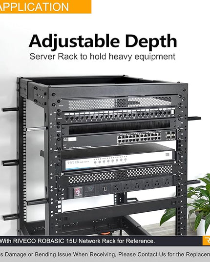 RIVECO 15U Server Rack Adjustable Depth Network 4 Post Cabinet Open Frame with Leveling Feet & Wheels Fully Rivets 1400 LBS