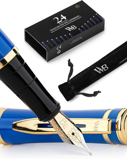 Wordsworth & Black Fountain Pen Set, 18K Gilded Medium Nib, Includes 24 Pack Ink Cartridges, Ink Refill Converter & Gift Pouch, Gold Finish, Calligraphy, [Imperial Blue], Perfect for Men & Women…