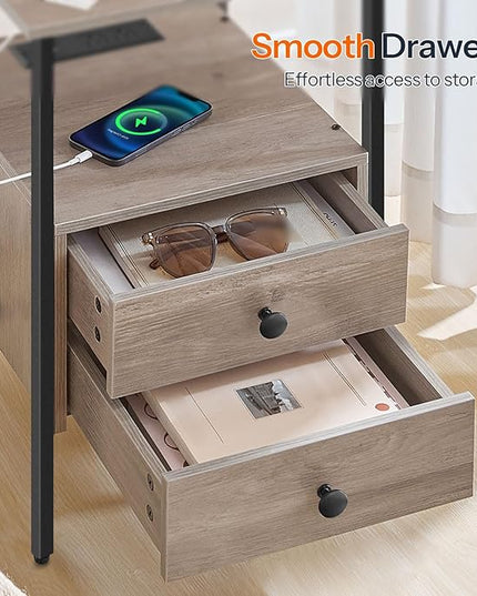 HOOBRO End Table with Charging Station, Bedside Table with 2 Drawer & USB Port & Type-C Port, Nightstand for Small Spaces, Stable and Sturdy, for Living Room, Greige and Black BG43UBZ01
