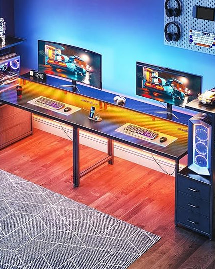 AODK 59 Inch Gaming Desk with USB Charging Ports & LED Light- Reversible Computer Desk with Storage Shelves & Monitor Stand, Modern Gamer Desk Table with Fabric Drawers & Side Hook, Carbon Fiber Black