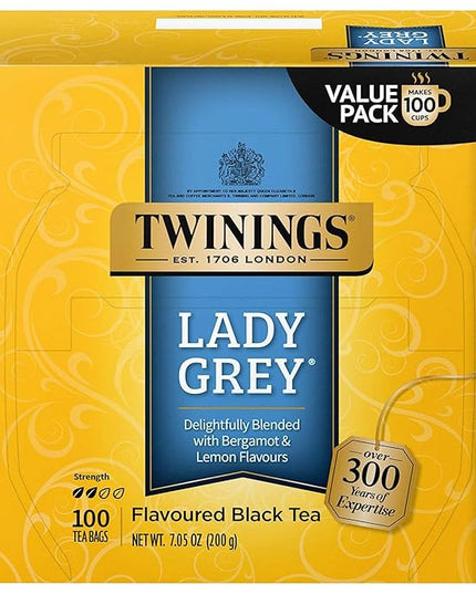 Twinings Lady Grey Black Tea Individually Wrapped Bags, 100 Count (Pack of 1), Orange Peel & Lemon Peel, Fresh and Uplifting, Caffeinated, Enjoy Hot or Iced, 100 Teabags