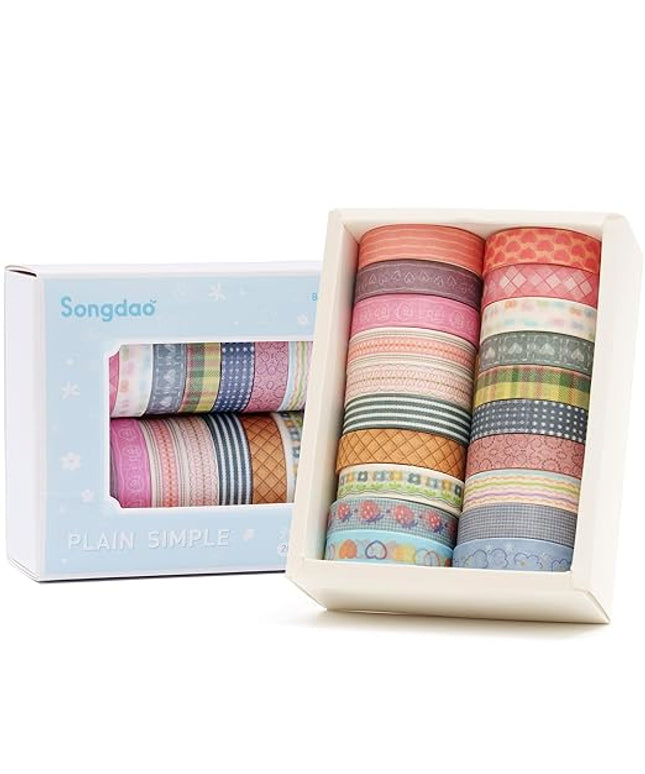 Songdao 20 Rolls Basic Washi Tape Set Japanese Arts Adhesive Tapes Simple Patterns Decorative Masking Tape Sets for Craft, Kids, Scrapbook, DIY, Gift Wrapping (Style Three)