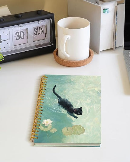 ROXMART Whimsical Funny Black Cat Spiral Notebook Journal, Cat Lover Mom Lady Owner Gifts, Cute Black Kitty Kitten in Water Lily Pond Hardcover Notebook Journal, 5.5x8.3 Inch