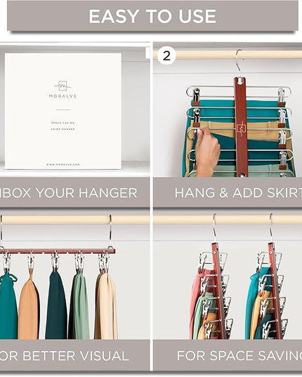 MORALVE Skirt Hangers Space Saving with Clips - 2 Pack - European Beechwood 5-Tier Hanger for Shorts, Skirts, and Pants - Closet Organizer and Storage Solution for Women with 360° Swivel Hook