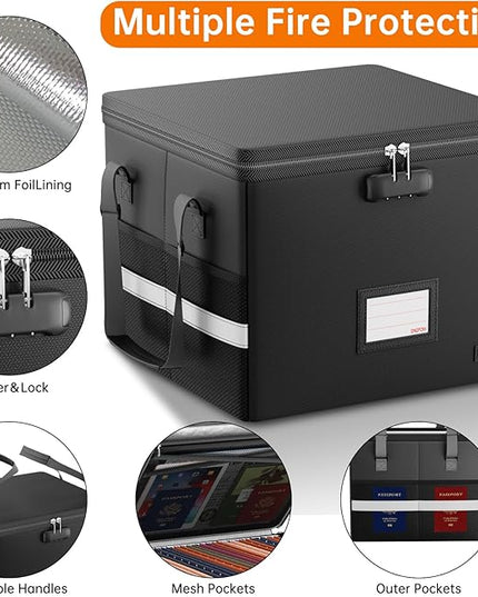 ENGPOW 5200°F Fireproof Document Box with Lock, Heat Insulated Collapsible File Storage Organizer with Handle, Portable Home Office File Cabinet for Hanging Letter/Legal Size Folder, Black