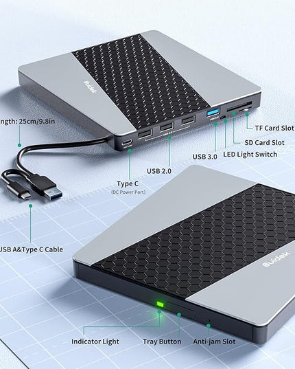 External CD DVD Drive, USB 3.0 USB C Portable CD DVD +/-RW Burner DVD Player for Laptop with SD/Micro SD Card Reader 8 in 1 Hub Compatible with Laptop Mac PC Windows Linux