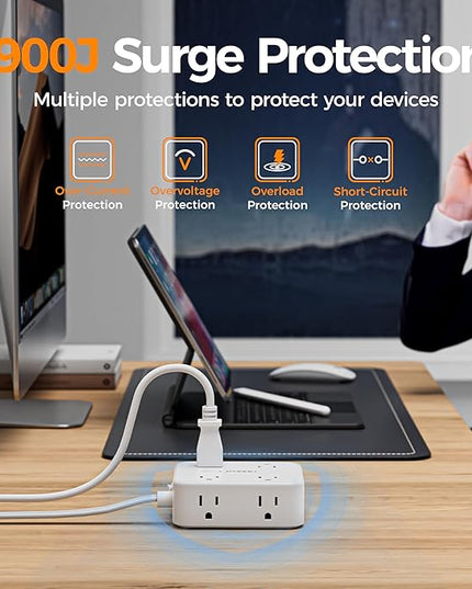 TESSAN 10 Ft Flat Plug Extension Cord with Multiple Outlets, Surge Protector Power Strip with 3 USB(1 USB C) 8 Outlets, 900J Protection, Desk Charging Station for Home, Dorm Room Essentials, White