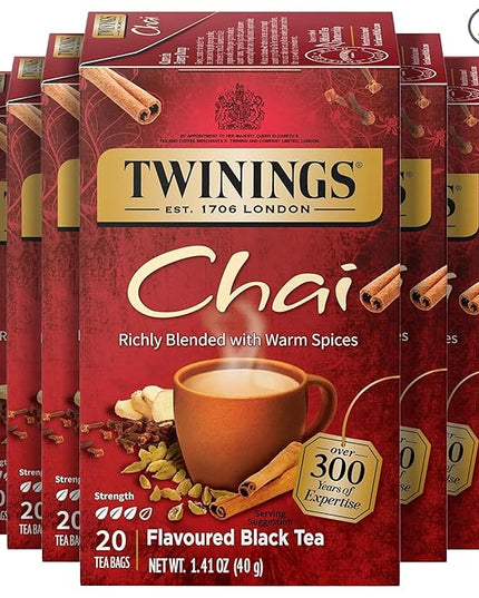 Twinings Chai Black Tea Individually Wrapped Bags, 20 Count (Pack of 6), Sweet, Savoury Spices, Caffeinated, Enjoy Hot or Iced, 120 Teabags