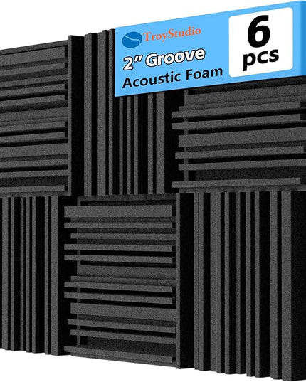 TroyStudio Thick Acoustic Foam Panels, 12 X 12 X 2 Inches 6 Pcs Broadband Sound Absorbing Foam, Dense Soundproof Padding Tile, Recording Studio Foam Absorber, Groove Decorative 3D Wall Ceiling Panel