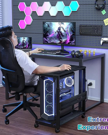 Height Adjustable Computer Tower Stand with Charge Station and USB Charging Port, 2-Tier ATX-Case Cart, Under Desk Mobile PC Stand, CPU Holder Cart with Locking Caster Wheels for Fits Most PC