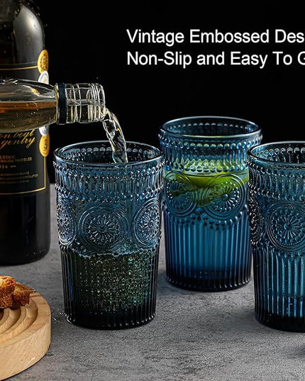 Vintage Glassware Drinking Glasses Set of 6,13 oz Blue Textured Flower Design Glass Water Tumblers，Embossed Striped Drinkware for Water,Cocktails,Juice,Iced Coffee