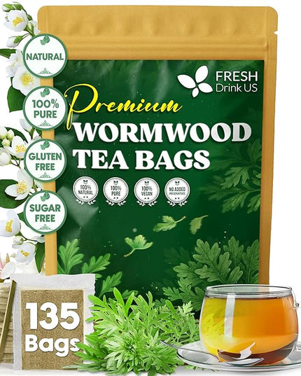 FreshDrinkUS, Premium Wormwood Tea - 135 Tea Bags - Handcrafted Herbal Blend, Caffeine-Free – Smooth Taste & Naturally Refreshing.