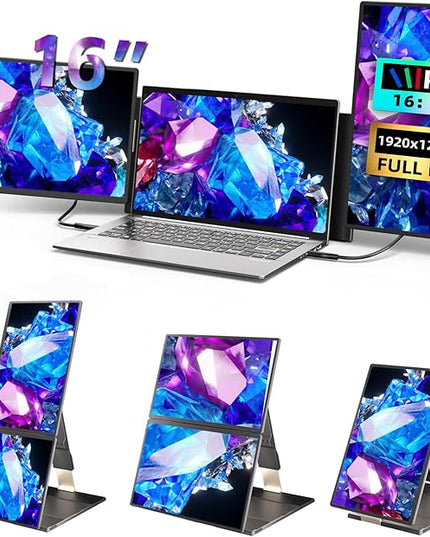 BKVOO Laptop Screen Extender 16-inch - Triple Laptop Monitor Extender Detachable FHD 1920x1200P IPS 235° Rotation Extra Portable Monitor Compatible with 13”-17” Mac Wins Dex Chrome