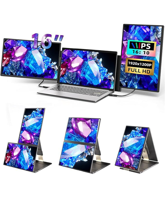 BKVOO Laptop Screen Extender 16-inch - Triple Laptop Monitor Extender Detachable FHD 1920x1200P IPS 235° Rotation Extra Portable Monitor Compatible with 13”-17” Mac Wins Dex Chrome