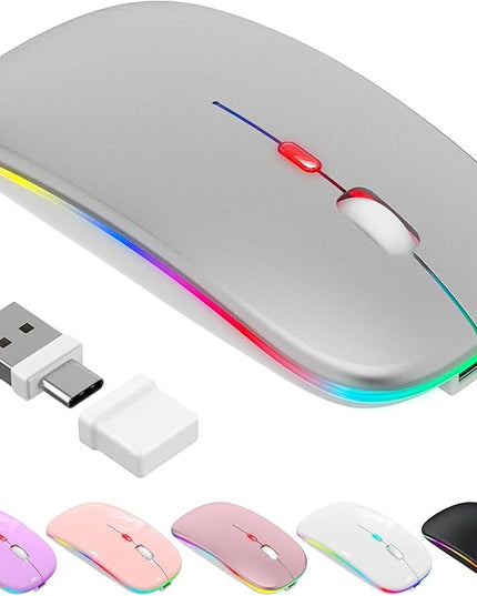 Azmall Bluetooth Wireless Mouse, Slim LED Rechargeable Silent Mouse with 2.4GHz USB-A/USB-C Receiver & Type-C Adapter, Compatible with Laptop, MacBook, iPad, iPad Pro,Mac,Tablet – Grey