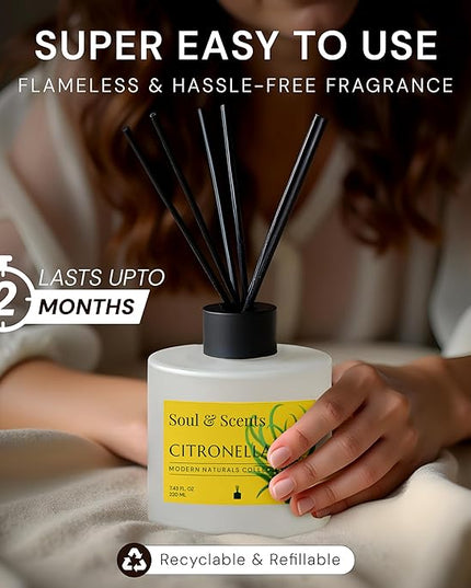 Soul & Scents Reed Diffuser Set – Citronella | 7.43 oz Refillable Scented Oil with 6 Fiber Sticks | Long-Lasting Home Fragrance & Air Freshener for Bedroom, Bathroom, Office | Gift & Décor Piece