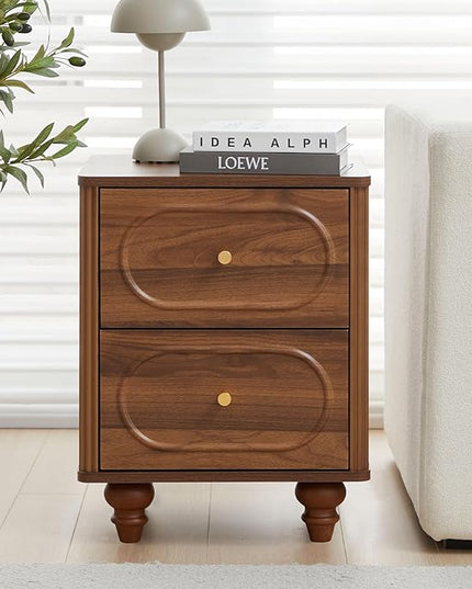 ORRD 2 Drawer Fluted Mini Small Dresser for Bedroom Set of 2, Mid Century Modern Nightstand Bedside End Table, Wood Storage Dresser Organizer for Bedroom Living Room, Walnut