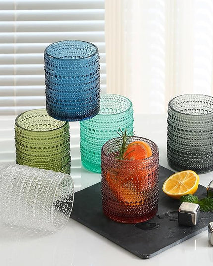 Colored Hobnail Drinking Glasses Set of 6,12oz Vintage Kitchen Glassware,Embossed Beaded Glass Cups,Water Tumbler for Cocktail,Juice and Various Mixed Drinks