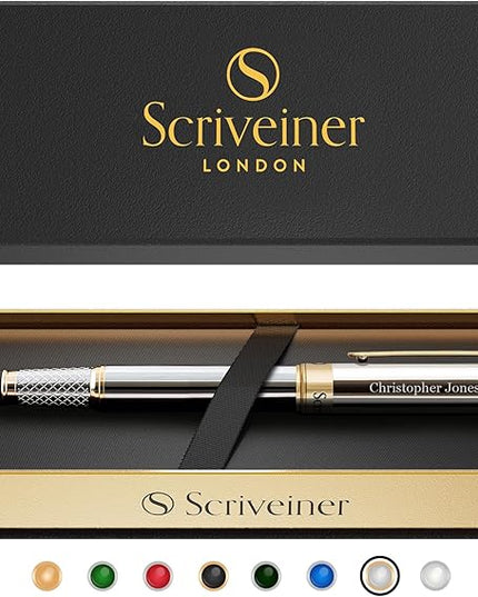 Scriveiner Personalized Silver Chrome Fountain Pen - Stunning Luxury Pen, Real Gold Plating, Schmidt Gilded Nib (Medium) Best Engraved Pen Gift Set for Men & Women, Custom Name Engraving