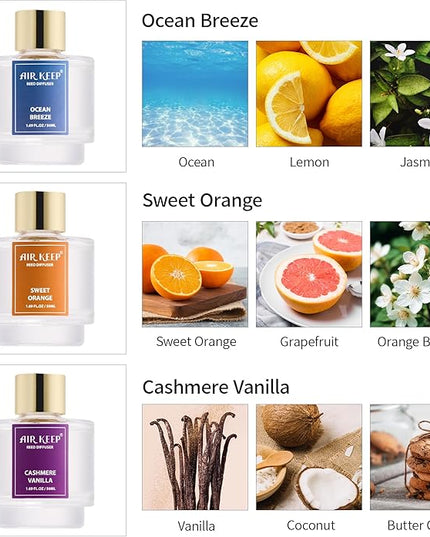 Airkeep Reed Diffuser Set of 3, Ocean Breeze Sweet Orange Cashmere Vanilla Oil Reed Diffusers for Bedroom Living Room Office Aromatherapy Oil Reed Diffuser for Gift 50ml x 3