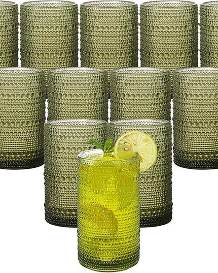 Vintage Hobnail Drinking Glasses Set of 12 (15oz) – Embossed Green Textured Tumblers, Non-Slip, Dishwasher Safe for Cocktails, Whiskey, Bar & Kitchen Cups