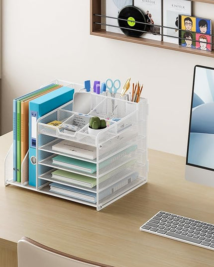 Lavatino 5-Tier Desk Organizer with 2 File Holders, Metal Adjustable Paper Letter Tray for Office or Home Desk Organizers and Accessories | 7 Flexible Dividers Keep Workspace Supplies Neat, White