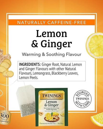 Twinings Lemon & Ginger Herbal Tea Individually Wrapped Bags, 25 Count (Pack of 6), Spicy Ginger, Lemon Peel, & Lemongrass, Naturally Caffeine-Free, Enjoy Hot or Iced, 150 Teabags