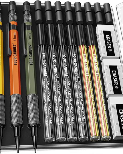 Four Candies 1.3mm Mechanical Pencil Set with 72 Lead Refills, 3PCS Metal Weatherproof Body Heavy Duty Carpenter Pencil, 3 Eraser, 16 Eraser Refills, for Outdoor Woodworking Drafting Marking with Case