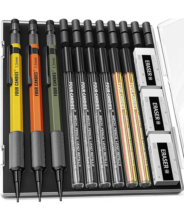 Four Candies 1.3mm Mechanical Pencil Set with 72 Lead Refills, 3PCS Metal Weatherproof Body Heavy Duty Carpenter Pencil, 3 Eraser, 16 Eraser Refills, for Outdoor Woodworking Drafting Marking with Case