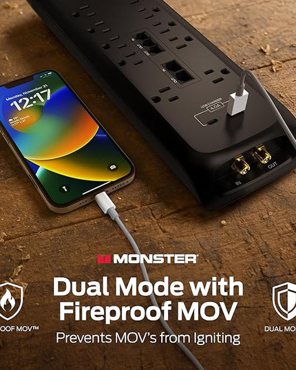 Monster Power Surge Protector w/ 4050 Joule Rating — Heavy Duty 6 FT Surge Protector Power Strip w/ 10 Outlets, 2 USB, 2 Coax, 2 Ethernet Ports — Fireproof MOV, Dual Mode, Clean Tech (Black)