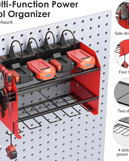 CCCEI Modular Power Tool Organizer Wall Mount with Charging Station. Garage Drill Storage Shelf with Hooks, Heavy Duty Rack, Tool Battery Holder Built in 8 Outlet. Gift for Men. Red, 1 Pack.