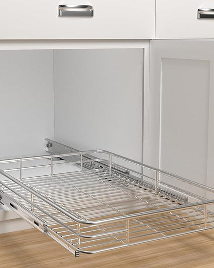 JOWBOOW Pull Out Cabinet Organizer (13.4" W x 21" D), Put Out Shelves for Kitchen Cabinets, Roll Out Drawers Heavy-Duty Metal Sliding Shelf, Bottom Mount