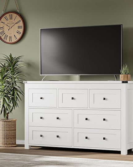 BORNOON 7-Drawer Dresser, Modern Wooden Storage Chest of Drawers, Dresser TV Stand, Wood Drawer Organizer with Metal Handles for Bedroom, Living Room, Hallway