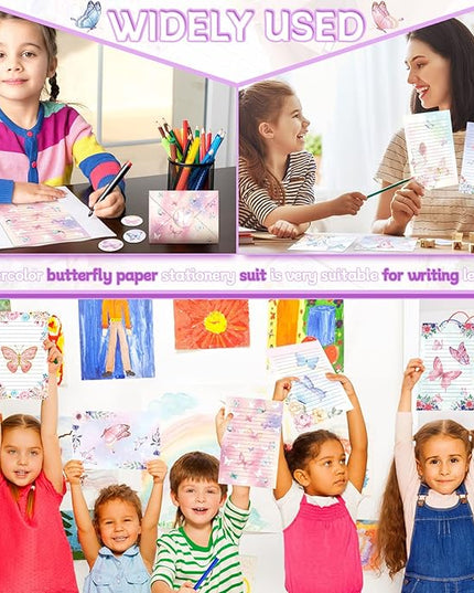TaoBary 160 Pcs Stationery Paper Set 50 Double Sided Stationery Papers with 50 Matching Envelopes and 60 Round Dot Sticker, 10 Design(Watercolor Butterfly,5.5 x 8.25 Inch)