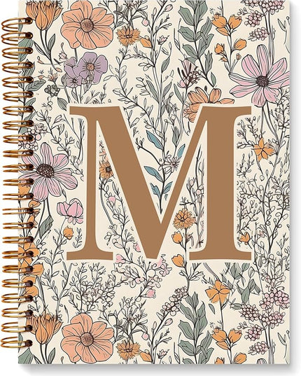 JXREQ Vintage Boho Floral Personalized Notebook, Initial Letter M Notebook Journal, Monogram Notebook, Monogrammed Gifts for Women, Boho Office Supplies, Flower Spiral Notebook 5.5x8.3