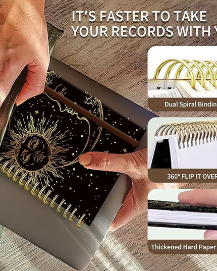 Spiral Journal Notebook, A5 Cute Notebooks for Women Men, College Ruled Hardcover Notebook for Work & Note Taking, 60 Pages Double-Wire Journals for Writing, Gold Sun Moon