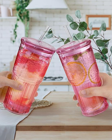 Joeyan 22 oz Pink Glass Tumbler with Straw and Lid for Iced Tea Coffee Smoothie Water Juice Beverages Soda,Ribbed Glasses Cups,Borosilicate Drinking Jar,Set of 2,Dishwasher Safe