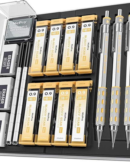 Nicpro Blocky Gear 0.9 mm Mechanical Pencils Set in Case, 3 Pack Metal Pencil 8 Tube with Lead Refills 0.9mm (HB 2B), 3 Erasers for Professional & Adult Art Writing Drafting Drawing