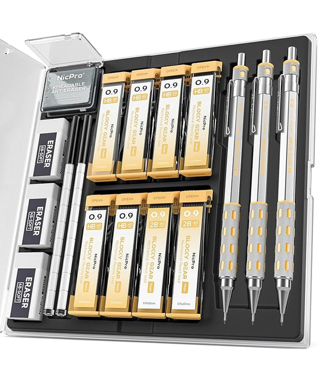 Nicpro Blocky Gear 0.9 mm Mechanical Pencils Set in Case, 3 Pack Metal Pencil 8 Tube with Lead Refills 0.9mm (HB 2B), 3 Erasers for Professional & Adult Art Writing Drafting Drawing