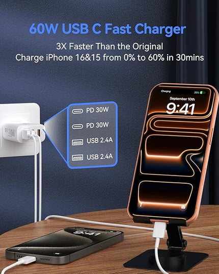 USB C Wall Fast Charger Block, 60W 4-Port Type C Charger Fast Charging Blocks +QC 3.0 USB C Multiport Charger Brick for Phone 16/15/14/13/12 Pro Max, Pad, Galaxy S24/23
