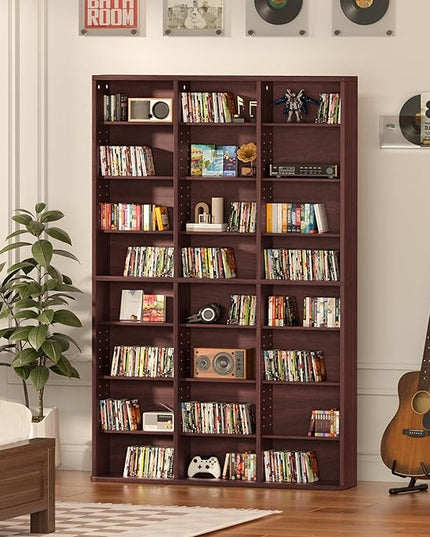 LELELINKY 8 Tier Tall Display Cabinet, Walnut Media Storage Cabinet with Adjustable Shelves, Free Standing DVD Organizer Shelf, Floor Multimedia Storage Manga Bookshelf for Living Room & Home Office.