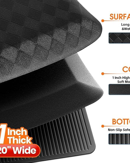 StepRite 1” Thick Kitchen Mats for Floor, Anti Fatigue Kitchen Rugs, Non-Slip,Heavy Duty Waterproof Kitchen Rug, Standing Desk Mat, Gifts for Friends, Family, Home, Kitchen, Office (72" x 20", Black)