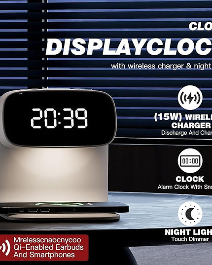 Digital Alarm Clock with Wireless Fast Charging Station 15W Touch Smart Lamp for Bedside,3 Colors Nightlight Adjustment Night Lamp for Living Room,Bedside,Heavy Sleepers (White+Cable&Adapter)