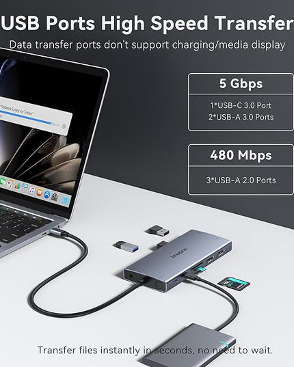 USB C Laptop Docking Station with 2 HDMI 4K@60Hz+DP 8K@30Hz for Dell HP 15 in 1 USB C Hub Triple Display Multiple Adapter Dongle with USB A Port+Button+PD+Ethernet+SD/TF+Audio for Thinkpad Surface