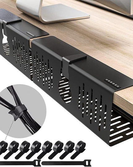 NODOCA No Drill Under Desk Cable Management Tray, 14'' Wire Management, Punch-Free Clamp on, Metal Cable Tray, Wire Organizer Under Desk, Under Desk Basket for Office and Home, Black(2 Packs)